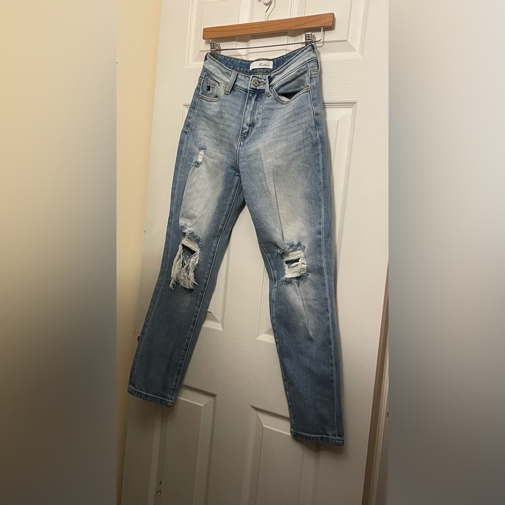 KanCan Light Blue Straight Leg Jeans with Distressed Details